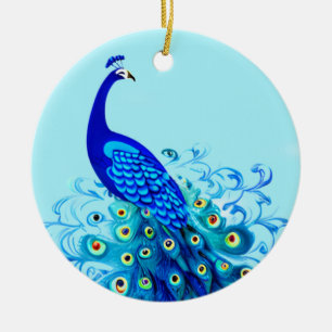 Ornamento De Cerâmica Pavão em Turquesa e Azul Cobalto