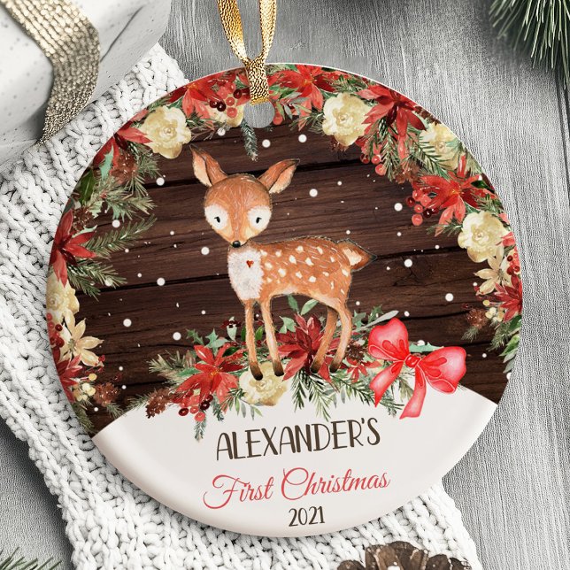 Ornamento De Cerâmica Pavimento de veados de ovelha de Natal (Baby's First Christmas Ornament Woodland animals)