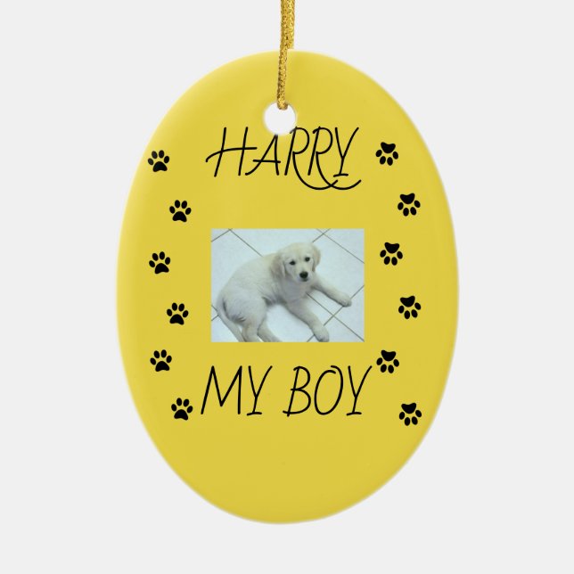 Ornamento De Cerâmica Paw imprime com 1 foto e nome de Pet (Frente)