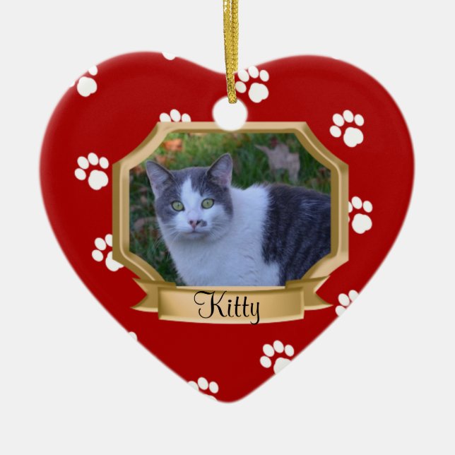 Ornamento De Cerâmica Paw Imprime Vermelho Foto Pet (Frente)