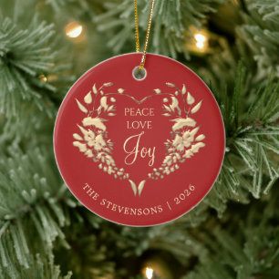 Ornamento De Cerâmica Paz Amor Alegria Vermelho Dourado Natal