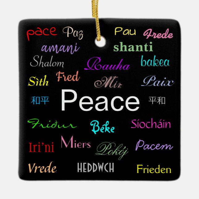 Ornamento De Cerâmica Paz ao redor do mundo em preto (Frente)