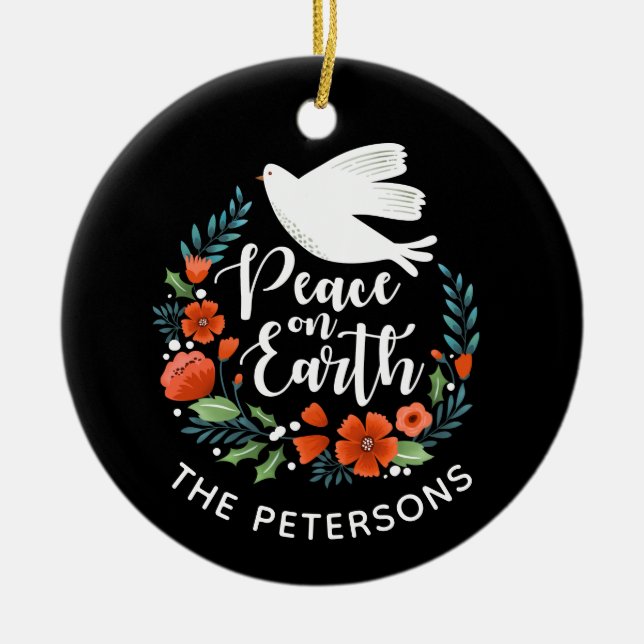 Ornamento De Cerâmica Paz na Terra Foto de Natal da Pata Branca Elegante (Frente)