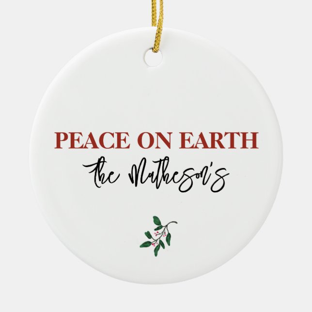 Ornamento De Cerâmica Paz na Terra NOMES Dove Holly Christmas Red Green (Frente)