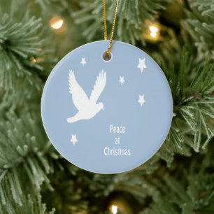 Ornamento De Cerâmica Paz no Natal com Pombo em Voo Logotipo Branco