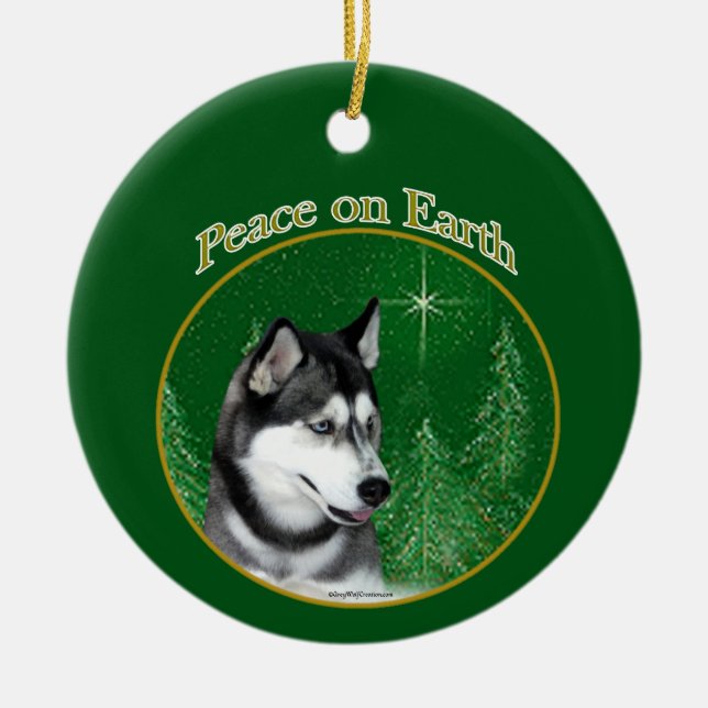 Ornamento De Cerâmica Paz Siberian Husky (preto) (Frente)
