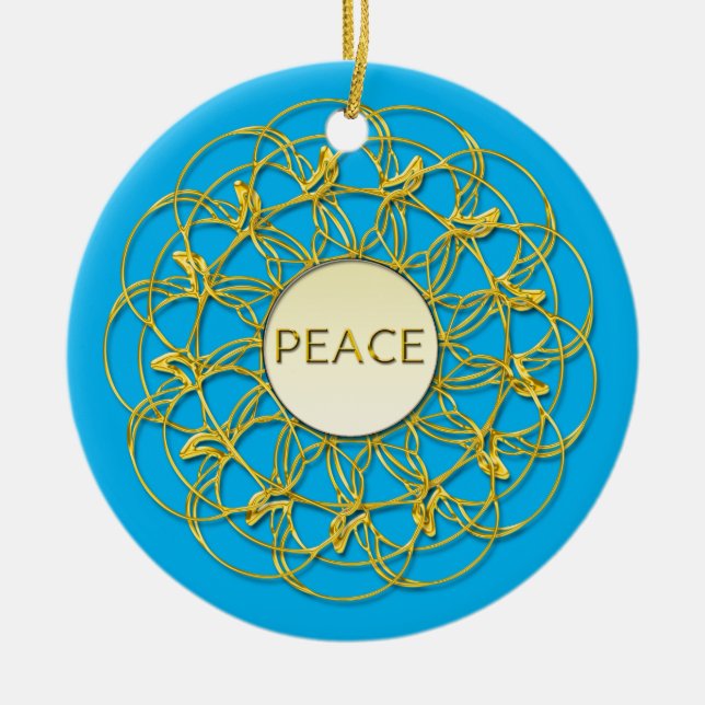 Ornamento De Cerâmica PEACE escrita sobre a herança ouro em azul céu (Frente)