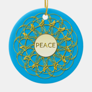 Ornamento De Cerâmica PEACE escrito em azul-céu sobre o ouro
