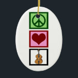 Ornamento De Cerâmica Peace Love Cello<br><div class="desc">Um belo presente de natal cello para o cellista de excelentes em sua vida. Este design da Peace Love Cello apresenta um sinal de paz,  coração,  e o instrumento musical,  o violoncelo. Um presente de excelente para um membro do quarteto de cordas ou condutor de orquestra.</div>