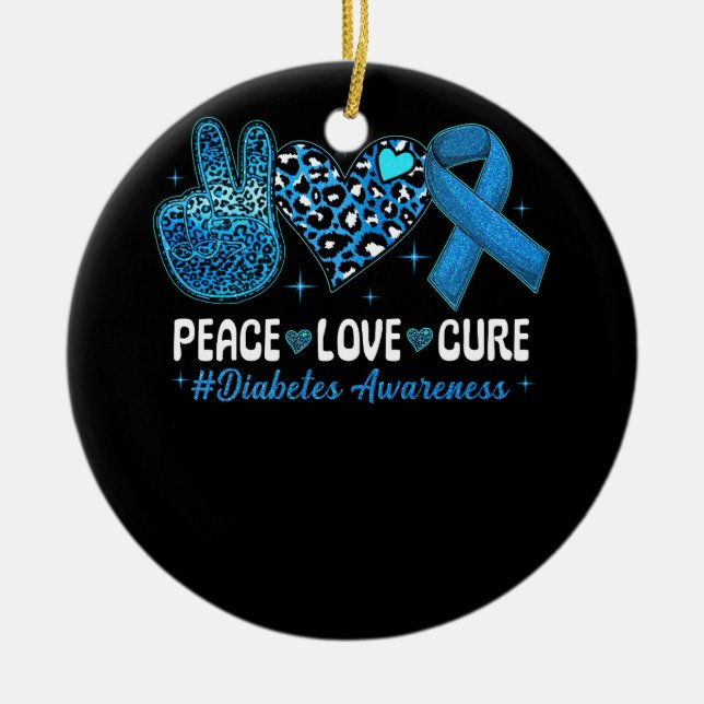 Ornamento De Cerâmica Peace Love Heart Cure Cinza Blue Ribbon Diabetes A (Frente)
