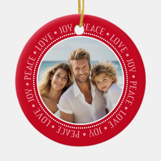 Ornamento De Cerâmica Peace Love Joy Border em Red - Foto (Frente)