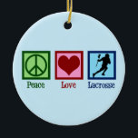 Ornamento De Cerâmica Peace Love Lacrosse Christmas<br><div class="desc">Um legal Enfeites de natal de jogador de lacrosse para alguém que gosta do esporte divertido. Peace Love Lacrosse.</div>