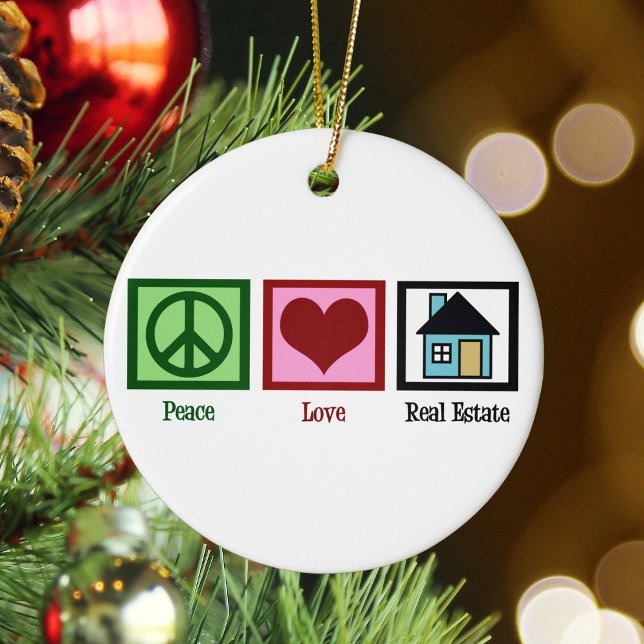 Ornamento De Cerâmica Peace Love Real Estate Realer Christmas (Criador carregado)