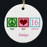 Ornamento De Cerâmica Peace Love Sweet 16 Cute 16th Birthday Custom<br><div class="desc">O perfeito presente de 16 anos para uma adolescente. Peace Love Sweet 16 com seu monograma bonito de rosa.</div>
