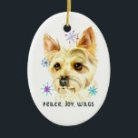 Ornamento De Cerâmica Peace Love Wags Christmas Yorkie Dog<br><div class="desc">Enfeites de natal bonito para os amantes de cães do seu terrier shire. É uma pintura aquarela de um cachorro de yorkie com flocos de neve bonito ao redor. O texto diz "paz,  alegria,  vagabundos".</div>
