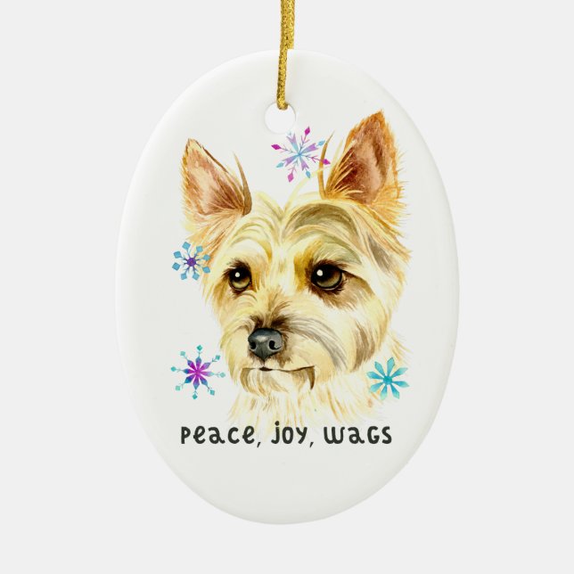 Ornamento De Cerâmica Peace Love Wags Christmas Yorkie Dog (Frente)