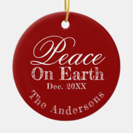 Ornamento De Cerâmica Peace On Earth Minimalist Script Christmas Red 