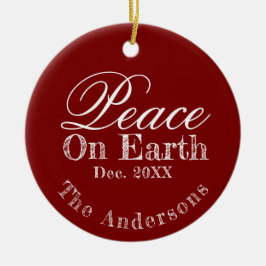 Ornamento De Cerâmica Peace On Earth Minimalist Script Christmas Red 