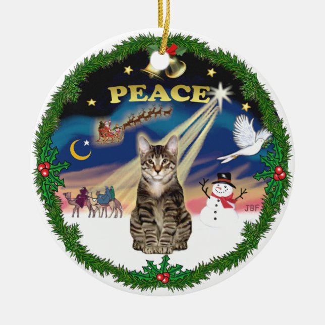 Ornamento De Cerâmica Peace Wreath - Tabby Tiger cat (Frente)