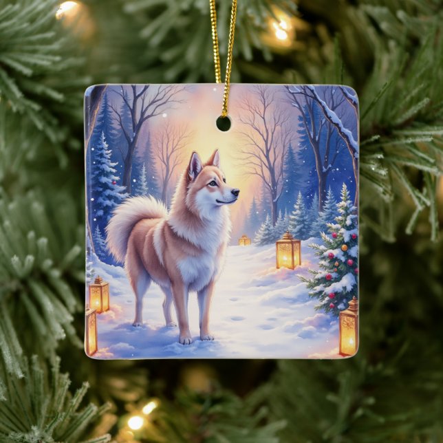 Ornamento De Cerâmica Peaceful Akita on Snow Lantern Path Christmas Dog  (Árvore)