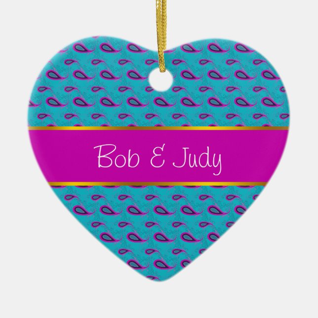 Ornamento De Cerâmica Peacock e Magenta Paisley Pattern (Frente)