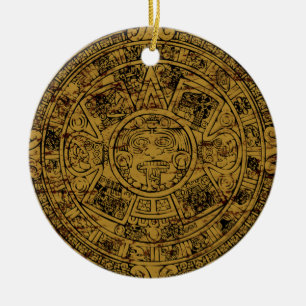 Ornamento De Cerâmica Pedra de Sol do Calendário Asteca Envelhecida