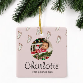 Ornamento De Cerâmica Pegadas de Bebê Rosa Bonitas Primeiro Natal do Beb