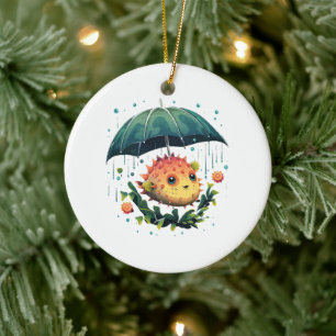 Ornamento De Cerâmica Peixe Baiacu Dia Chuvoso Com Guarda-Chuva