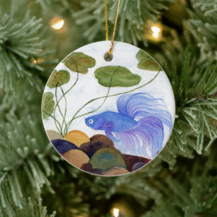 Ornamento De Cerâmica Peixe Betta Azul