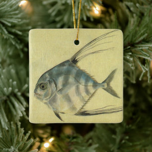 Ornamento De Cerâmica Peixe Pompano Africano, Trevally de Barbatana Vint