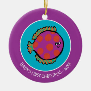 Ornamento De Cerâmica Peixe-Pota Rosa e Laranja Polka