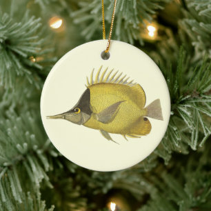 Ornamento De Cerâmica Peixe Tropical Amarelo Chelmon Longirostris, Vinta