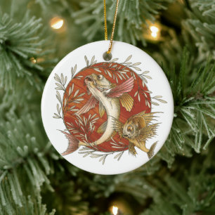 Ornamento De Cerâmica Peixe-Voador Japonês e Folhas de Bambu Arte Vintag