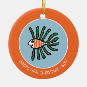 Ornamento De Cerâmica Peixes gêmeos verdes e alaranjados da aleta