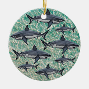 Ornamento De Cerâmica Peixes personalizados de tubarões brancos e azuis