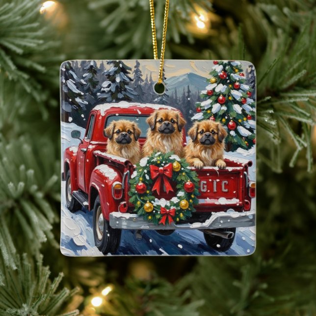 Ornamento De Cerâmica Pekingese Christmas Red Truck Holiday (Árvore)
