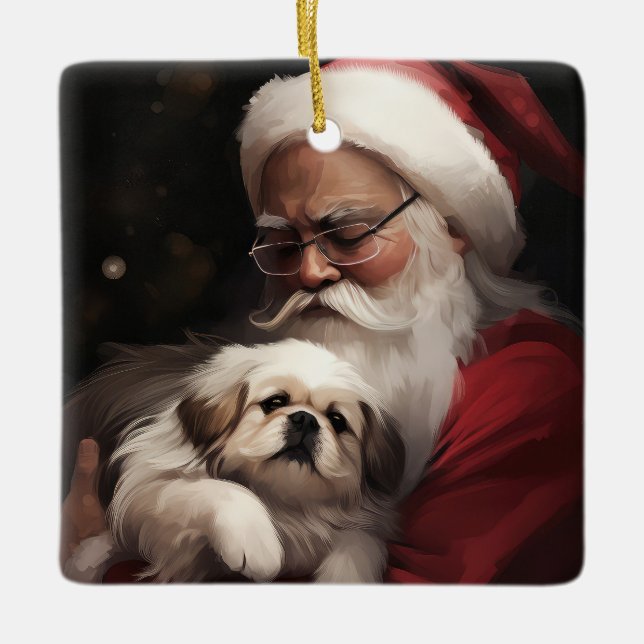 Ornamento De Cerâmica Pekingese com Papai Noel Natal Festivo (Frente)