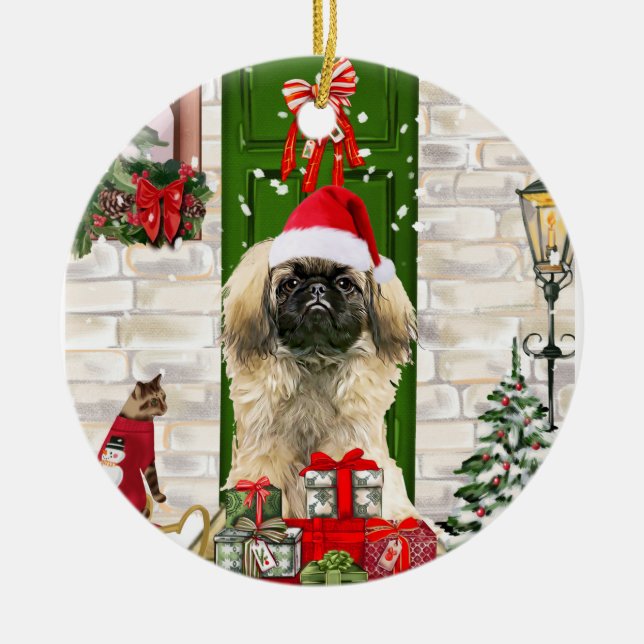 Ornamento De Cerâmica Pekingese Dog Christmas (Frente)