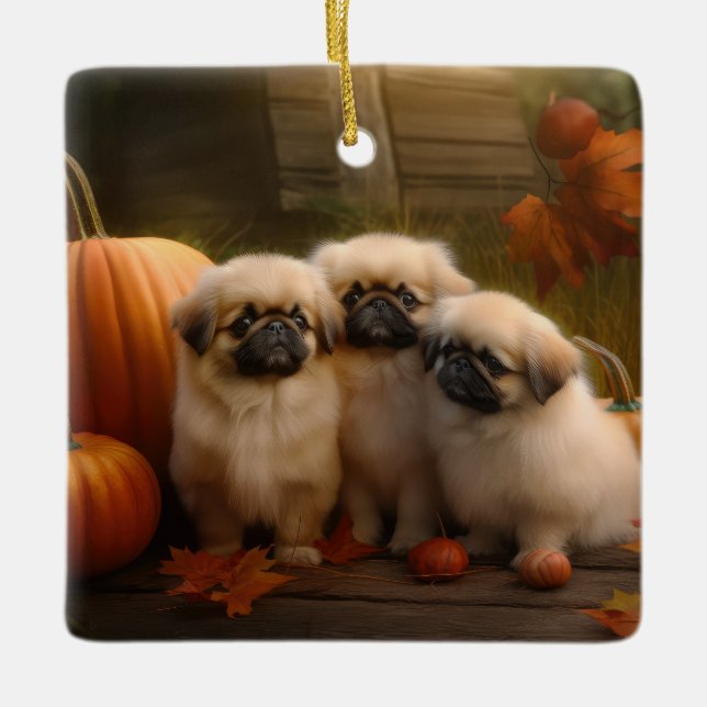 Ornamento De Cerâmica Pekingese Puppy Autumn Delight Pumpkin (Frente)