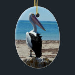 Ornamento De Cerâmica Pelican On Beach Rock,<br><div class="desc">Apresentado em uma rocha de praia perto do oceano é um pelicano faminto e bonito esperando por mariscos-pesadelos.</div>