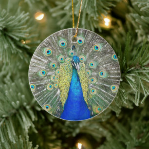 Ornamento De Cerâmica Pena de Pavão Azul Plumagem Feriado