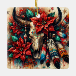 Ornamento De Cerâmica Penas de Poinsettias do Cabelo de Vaca de Natal