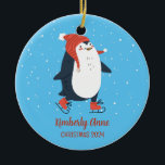 Ornamento De Cerâmica Penguin Ice Skating Christmas Snowy Winter Holidy<br><div class="desc">Enfeite de animação bonito para crianças e crianças. Perfeito para a primeira comemoração de Natal com a família. Você pode personalizar o texto para qualquer ocasião.</div>