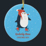 Ornamento De Cerâmica Penguin Ice Skating Christmas Snowy Winter Holidy<br><div class="desc">Enfeite de animação bonito para crianças e crianças. Perfeito para a primeira comemoração de Natal com a família. Você pode personalizar o texto para qualquer ocasião.</div>