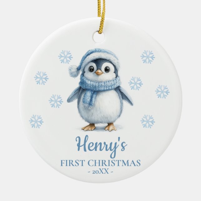 Ornamento De Cerâmica Penguin Personalized Baby's First Christmas (Frente)