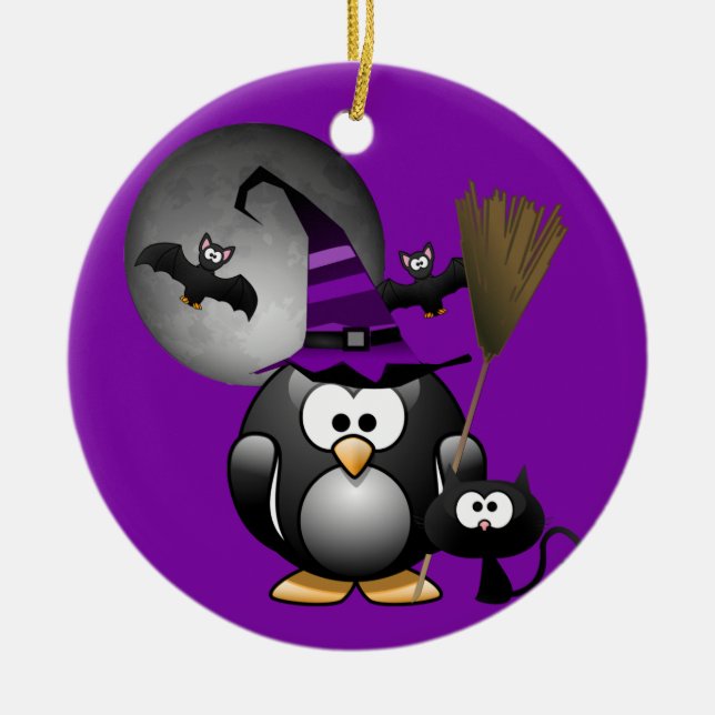 Ornamento De Cerâmica  Penguin Witch Halloween (Frente)