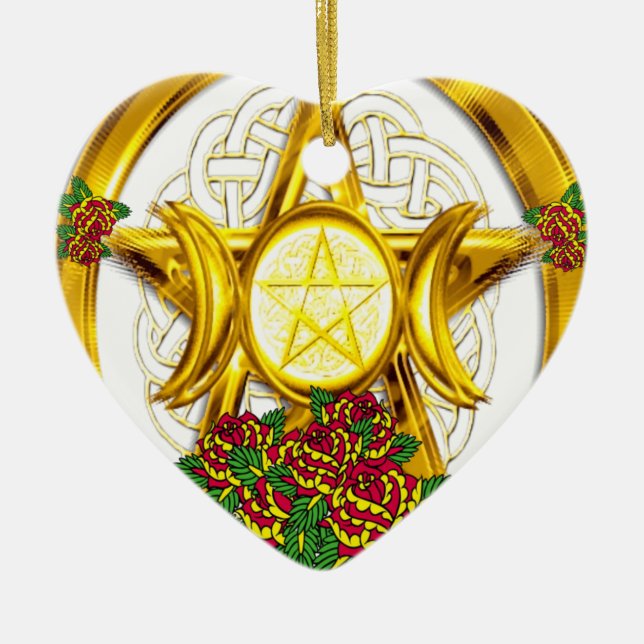 Ornamento De Cerâmica Pentáculo Wiccan Pagan Dourado com Rosas (Frente)