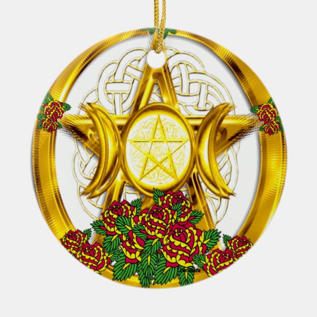 Ornamento De Cerâmica Pentáculo Wiccan Pagan Dourado com Rosas (Frente)