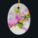 Ornamento De Cerâmica Pêonias, cor-de-rosa, branca, cor de água floral<br><div class="desc">Esta pintura floral romântica de cor rosa e peônia branca dá-vos um sentimento de elegância clássica ao estilo do mundo antigo! Uma bela pintura de aquarela original de H Cooper. A imagem é personalizável e transferível para a década de 100 de produtos!</div>