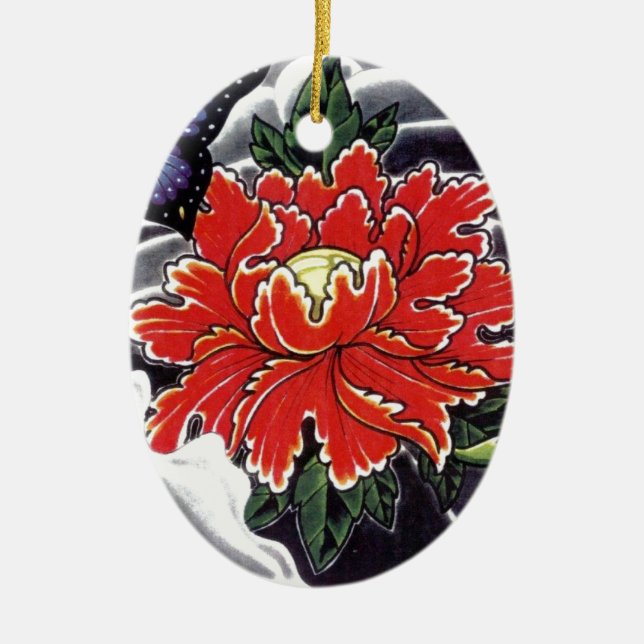 Ornamento De Cerâmica Peony Flower - design de tatuagem japonesa (Frente)